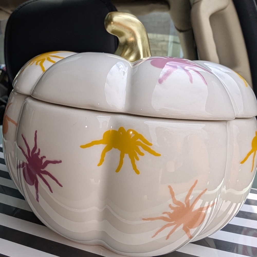 Ashland Halloween pumpkins cookie jar/canister w/ colorful spider pattern
